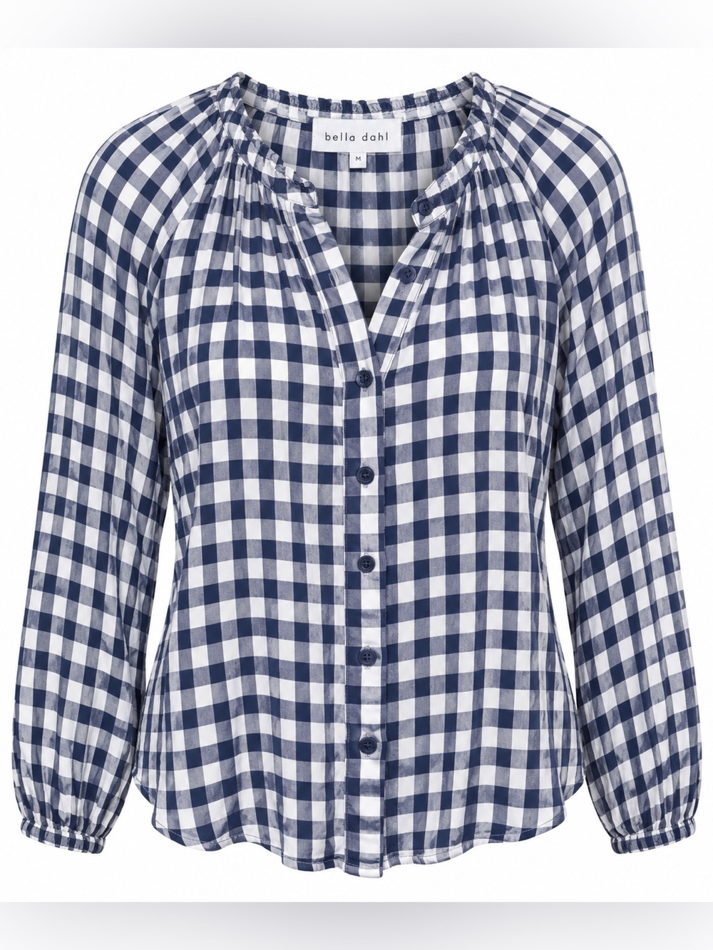Bella Dahl Gingham Blouse M Navy White Shirred Cottagecore Coastal Preppy Top